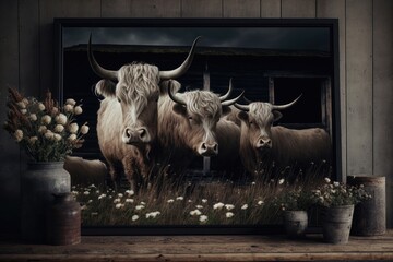 Highland cattle in a frame on a wooden table with flowers