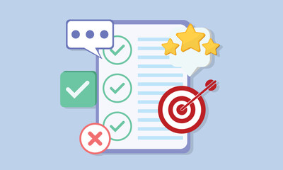 Customer survey form. Clipboard task management. Business project plan concept. Target marketing. Report with quality rating.