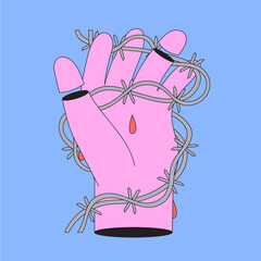 Tattoo doodle with outline hand bleeding cut by barbed steel wire. Creative print in 80s 90s groovy style for poster, cover, placard. Trendy textile or interior print decoration.