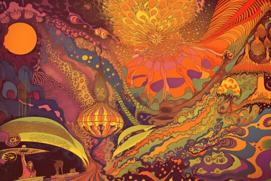 retro poster depicting psychedelic or fantastical world with surreal imagery and dreamlike quality, created with generative ai