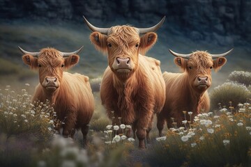 Highland cattle in the meadow. Three cows on mountain landscape