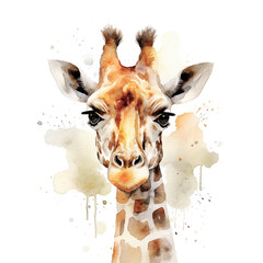 Beautiful giraffe, face close up, isolated on white background. Digital watercolour illustration.