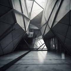 A modern room with an abstract design featuring a staircase, triangular ceiling, and minimal architecture details. Perfect for a small, stylish space.