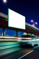 Obraz premium Advertising billboard white screen beside the expressway with car motion blur, generative ai