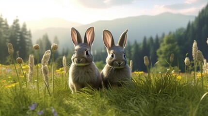 rabbits in the meadow and eats carrots generative ai - obrazy, fototapety, plakaty