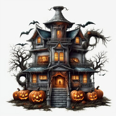 Fototapeta na wymiar Halloween background with haunted house - illustration for Halloween Day AI Generative
