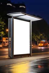 Obraz na płótnie Canvas ilustration, light advertising box mockup and city traffic at night, generative AI