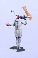 Composite creative collage of funny pensioner man hold water gun shooting his head hold brainwash...