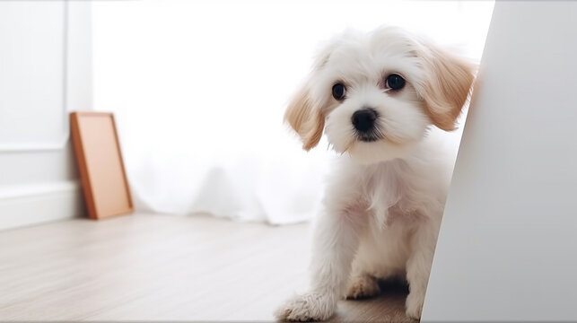 cachorro fofo em torno de um cartaz em branco