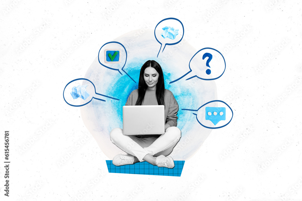 Poster Collage 3d pinup pop retro sketch image of busy lady overworked modern gadget device isolated white color background