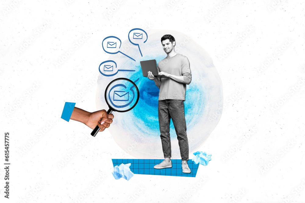 Aufkleber banner poster collage of worker guy entrepreneur use digital netbook technology communicate with par