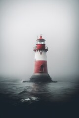 Fototapeta na wymiar Misty Beacon: Discover the Enigmatic Lighthouse Amidst the Serene Rocky Island. Generative AI.