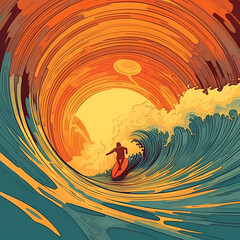 Wave tunnel in the sunset, surf, sport, orange, sea