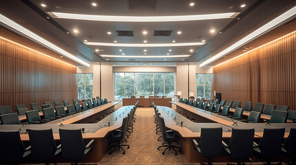 Elegant meeting or conference room, workspace, serious, beautiful natural light.