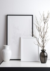 Minimalist Elegance: White Background with Minimalistic Mockup Frames. Generative AI.