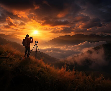Landscape with the sun. The photographer takes pictures of the morning in the mountains.