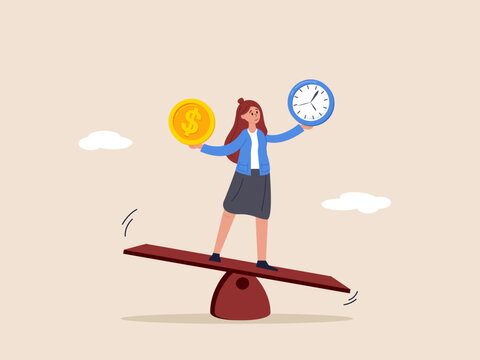Make decision concept. Time and money balance, weight between work and life, long term investment or savings, control, cheerful business woman balance between time clock and dollar money on seesaw.
