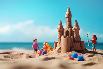 Sandcastle on the beach with small toys, blue sky and sea water on background. Beach holidays with children and family summer vacation concept illustration created using generative AI tools 