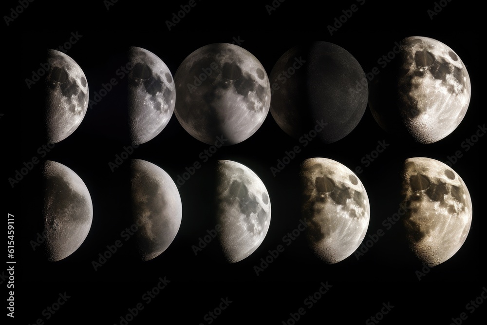 Sticker series of photographs, showing the different phases of a planet or moon, created with generative ai