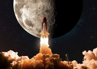 New space shuttle rocket with smoke and clouds takes off into the sky with moon. Shuttle spaceship...