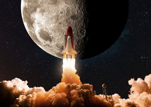 New space shuttle rocket with smoke and clouds takes off into the sky with moon. Shuttle spaceship liftoff to moon. Space Mission Launch to Moon Concept.