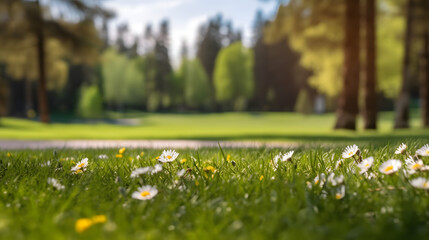 Beautiful blurred background image of spring nature with a neatly trimmed lawn surrounded by trees against a blue sky with clouds on a bright sunny day, --aspect 16:9