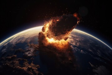 Earth hit by meteorite. Apocalypse concept. Earth destruction. Seen form space. Fire and explosion. 