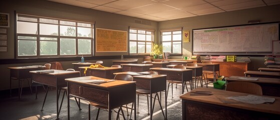 A classroom with a blackboard and desks. Generative AI