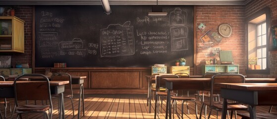 A classroom with a blackboard and desks. Generative AI