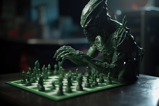 alien playing game of chess, with pieces in hand, created with generative ai