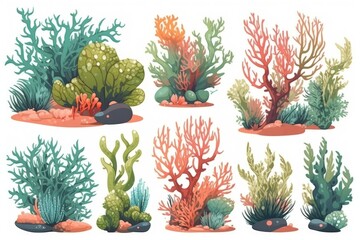 Collection of different seaweeds on a white background.