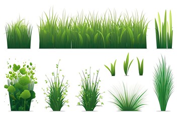 Illustration set of different green natural grass isolated on white background.