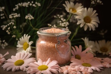 Fototapeta na wymiar Natural sea salt in a glass jar with chamomile flowers. Cosmetic.