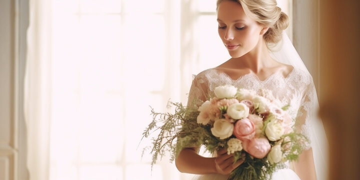 Hübsche weiße Model Braut mit Hochsteckfrisur und Brautstrauß am Fenster mit strahlenden lachen, ai generativ
