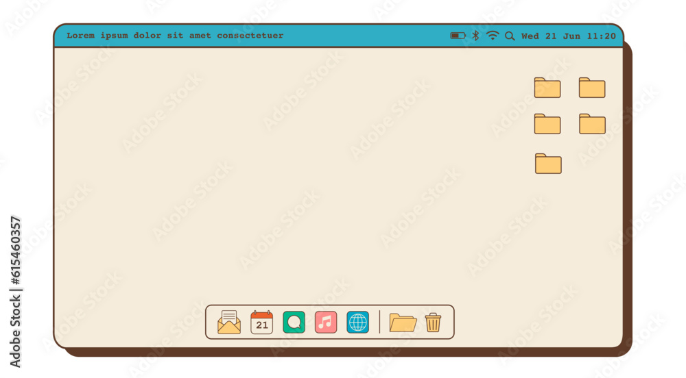 Wall mural minimal vintage retro vibe nostalgic os with menu bar, folders and dock with app icons. old fashione