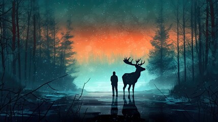 Silhouette of a man and a deer in a magical forest. Unusual friendship between human and animal