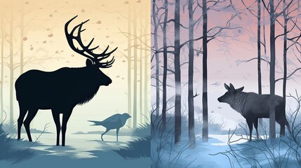 Silhouette of a deer and wolf in a winter forest. Divided in two parts. Concept of prey and predator