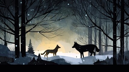 Illustration of a forest in winter with trees, wolf and a fox. Unusual friendship