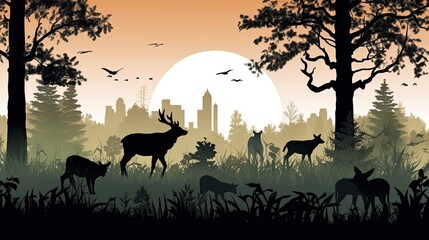 Silhouette of deer in the forest at sunset with a city in background. Vector  style illustration