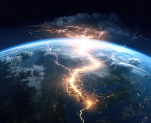 Abstract view of the planet Earth in outer space with lightning strikes at it.