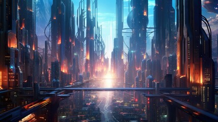 Gleaming towers pierce the sky, pulsating neon lights bathing a metropolis teeming with hovercars and bustling drones. Generative AI