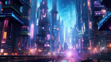 Fototapeta na wymiar Gleaming towers pierce the sky, pulsating neon lights bathing a metropolis teeming with hovercars and bustling drones. Generative AI