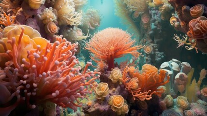 Naklejka na ściany i meble Marvel at the intricate patterns of symmetrical coral reefs, adorned with a kaleidoscope of vibrant hues. Generative AI