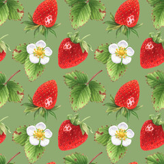 Watercolor seamless pattern with strawberries. Berries, leaves and strawberry flowers