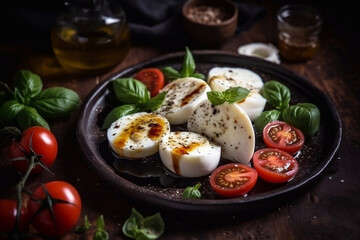 Caprese salad with juicy tomatoes and olive oil on a plate on a dark background. Generative AI