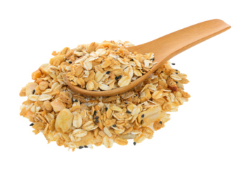 nuts and seeds muesli in wood spoon isolated on transparent png
