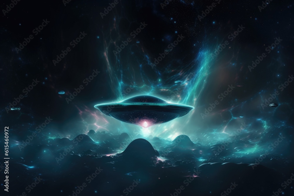 Poster alien life form, with view of the stars and galaxies, floating in space, created with generative ai