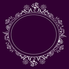 Frame of flowers in the form of a circle. Composed of floral and leafy elements. White color on a purple background. Romance. Simple elements