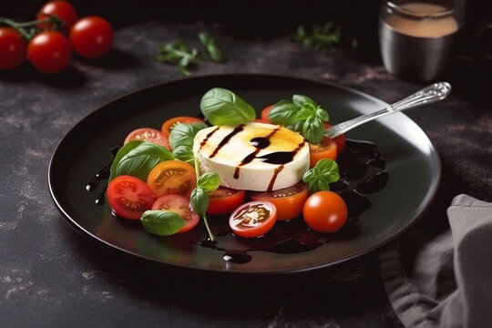 Caprese salad with juicy tomatoes and olive oil on a plate on a dark background. Generative AI
