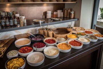 pizza bar, with a variety of sauces, cheeses, and toppings for guests to create their own custom pizza, created with generative ai